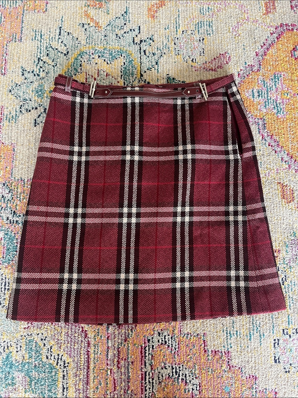 Burberry Blue Label red plaid mini skirt with belt and buckle, size S